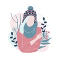 Cute cartoon illustration of beautiful teenage girl in winter fashion clothes. Faceless characters in warm winter