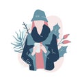 Cute cartoon illustration of beautiful teenage girl in winter fashion clothes. Faceless characters in warm winter