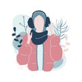 Cute cartoon illustration of beautiful teenage girl in winter fashion clothes. Faceless characters in warm winter
