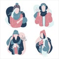 Cute cartoon illustration of beautiful teenage girls in winter fashion clothes. Set of characters in warm winter clothes