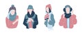 Cute cartoon illustration of beautiful teenage girls in winter fashion clothes. Set of characters in warm winter clothes Royalty Free Stock Photo