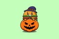 Cute cartoon burger hiding in the scary pumpkin Royalty Free Stock Photo