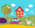 Cute Cartoon Illustration With Country House, Tree, Flowers, Car And Birds.