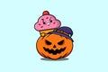 Cute cartoon cupcake hiding in pumpkin halloween Royalty Free Stock Photo