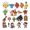 Cute cartoon illustration featuring various colorful characters and objects Royalty Free Stock Photo