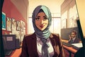 Cute cartoon illustration of a female executive wearing a hijab inside an office