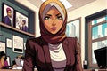 Cute cartoon illustration of a female executive wearing a hijab inside an office