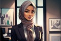 Cute cartoon illustration of a female executive wearing a hijab inside an office