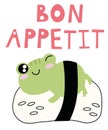 Cute cartoon illustration of a frog. Text Bon Appetit. Cute vector illustration frog doodle style. frog with a