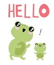 Cute cartoon illustration of a frog. Text Hello. Cute vector illustration frog doodle style. frog with a motivational Royalty Free Stock Photo