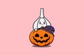 Cute cartoon garlic hiding in pumpkin halloween Royalty Free Stock Photo