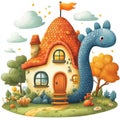 Cute Cartoon Illustration of a House with a Dinosaur Tail Royalty Free Stock Photo