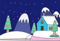 Cute cartoon illustration of a house with pine trees with the backdrop snow topped mountains during winter.