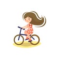 Cute cartoon illustration of little pre teeen girl, riding a bicycle. Child riding bike. Kid on bicycle, Little girl