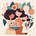 Cute cartoon illustration of mom and girls for Mothers day, Daughters Day. Generative AI Royalty Free Stock Photo