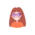 Cute cartoon illustration of pretty beautiful redhead nerd woman. Girl, woman avatar with glasses, freckles and pencil