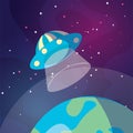 Cute cartoon illustration of UFO space ship landing on the Earth or Exo planet. Illustration of Flying saucer on deep Royalty Free Stock Photo