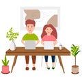 cute cartoon illustration of young girl and boy with laptop Royalty Free Stock Photo