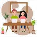 cute cartoon illustration of young girl and boy with laptop Royalty Free Stock Photo