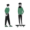 Cute cartoon illustration of young people. a hipster on a skateboard and a girl stand opposite each other. Vector