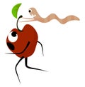 Cute cartoon image of an apple running away from the worm vector or color illustration