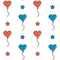 Cute cartoon independence day seamless vector pattern background illustration with blue and red heart balloons and stars Royalty Free Stock Photo