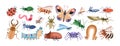 Cute cartoon insect characters set. Funny happy small bugs, butterflies, caterpillars, grasshoppers, beetles, worms Royalty Free Stock Photo