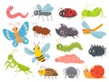 Cute cartoon insects. Funny caterpillar and butterfly, children bugs, mosquito and spider. Green grasshopper, ant and Royalty Free Stock Photo