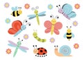 Cute cartoon insects. Funny caterpillar and butterfly, ladybug. Bug insect colorful isolated vector illustration icons Royalty Free Stock Photo