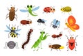 Cute cartoon insects. Happy bugs, smiling fly and little mantis vector Illustration set Royalty Free Stock Photo