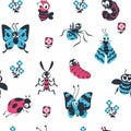 Cute cartoon insects seamless pattern. Beetles and bees with happy face, spider caterpillar butterfly background. Vector Royalty Free Stock Photo