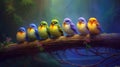 cute cartoon inspired animal wallpaper of birds sitting in a row, ai generated image Royalty Free Stock Photo