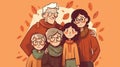 a cute cartoon inspired family picture with grandfather, leaves in background, ai generated image