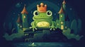 a cute cartoon inspired frog king in front of his castle at night, ai generated image