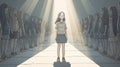 a cute cartoon inspired girl is standing in the spotlight, alone but strong, ai generated image