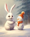 a cute cartoon inspired rabbit standing next to a lovely snowman, bunny in winter
