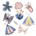 Cute cartoon isolated set illustration vector design of butterflies and flowers in pastel colors