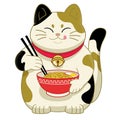 Cute cartoon japan`s cat eating ramen noodle