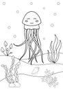 Cute cartoon jellyfish. Coloring book or page for kids. Sea life