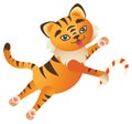 Cute cartoon jumping tiger cub with candy cane in its hands