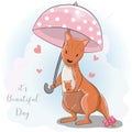 Cute cartoon kangaroo with umbrella under the rain