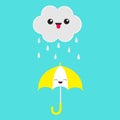 Cute cartoon kawaii cloud with rain drops. Showing tongue emotion. Smiling laughing umbrella. Eyes and mouth. Isolated. Blue sky b