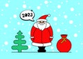 Cute cartoon kawaii Santa Claus character for Christmas and Happy New year 2023 celebration. Gift bag spruce and snow on