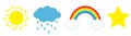 Cute cartoon kawaii sun, cloud with rain, star, rainbow icon set line. Baby charcter collection. Funny illustration. Isolated. Royalty Free Stock Photo