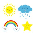 Cute cartoon kawaii sun, cloud with rain, star, rainbow set. Royalty Free Stock Photo