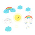 Cute cartoon kawaii sun, cloud, star, rainbow icon set. Smiling face emotion. Royalty Free Stock Photo