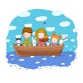 Cute cartoon kids in the boat. A brother, two little sisters, funny hares and a cat. Best friends went on a trip. Royalty Free Stock Photo