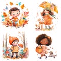 Cute cartoon kids clipart. Watercolor set of autumn season illustration. Children autumn activities Royalty Free Stock Photo
