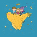 Cute cartoon kids are flying on a bird. Funny gnomes and princess. Little elves. small children