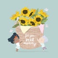 Cute Cartoon Kids holding Basket with Sunflowers to Their Mother Royalty Free Stock Photo